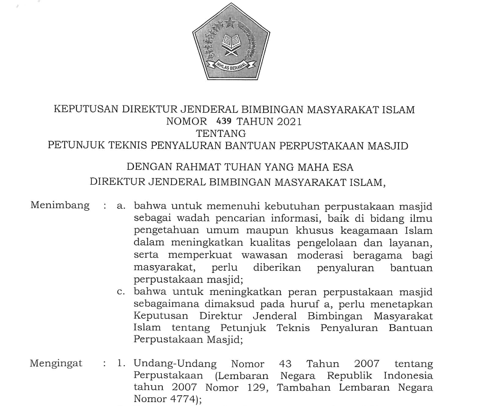 Petunjuk Teknis Penyaluran Bantuan Perpustakaan Masjid Tahun 2021